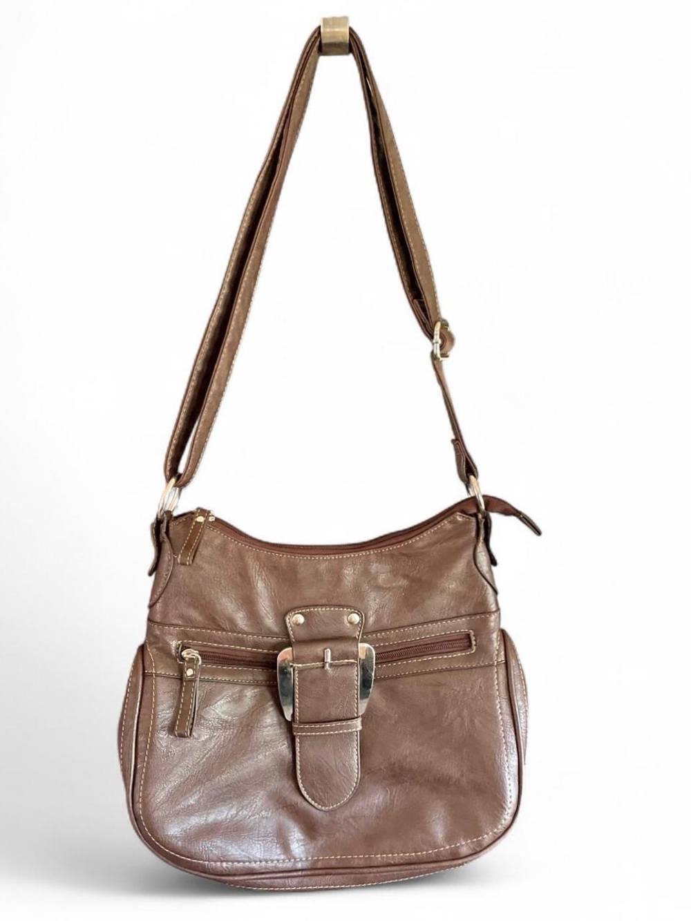 Y2K Brown PU Leather Buckle Shoulder Bag